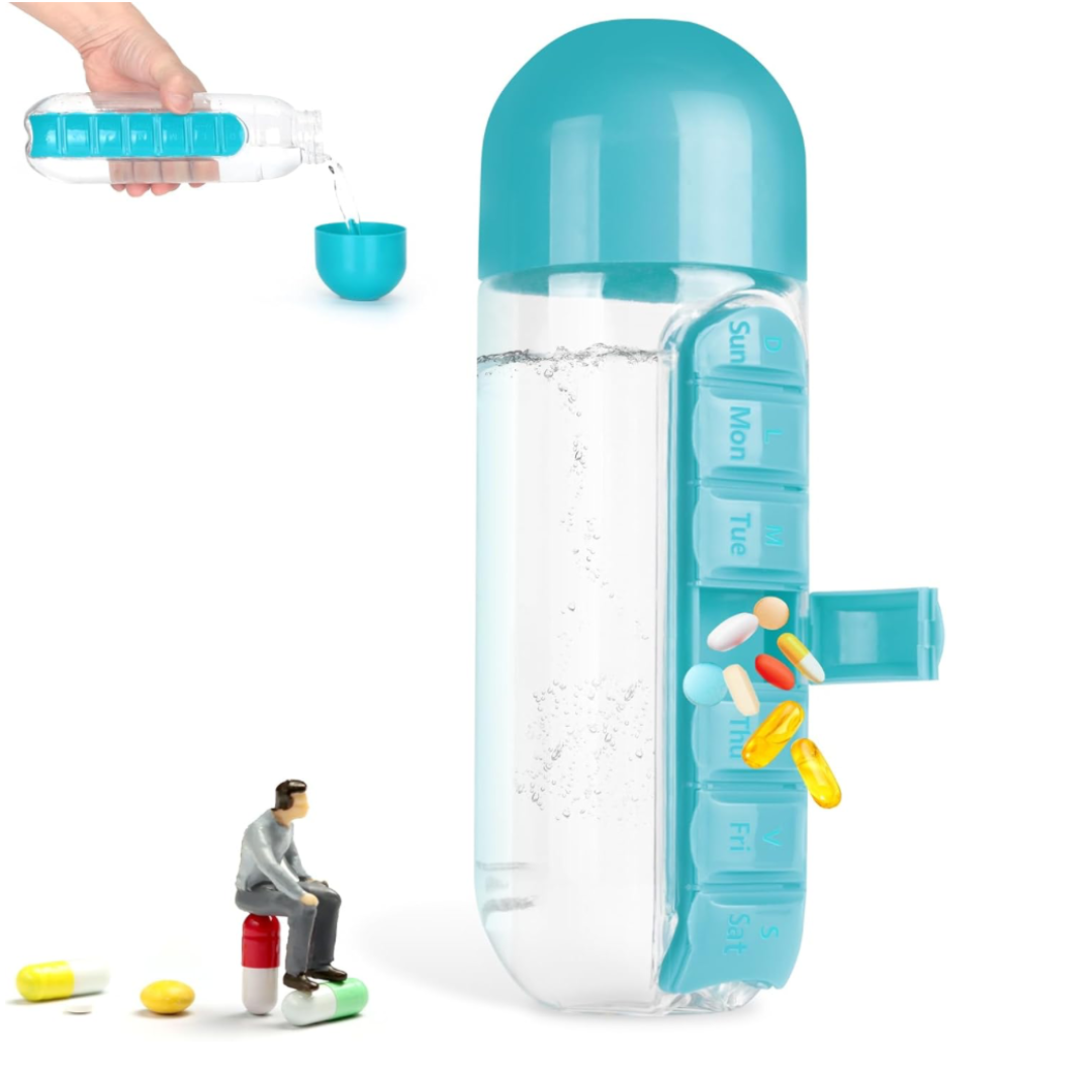 Hydra Care water bottle with portable pill organizer