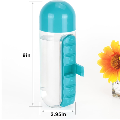 Hydra Care water bottle with portable pill organizer