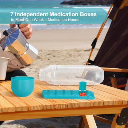 Hydra Care water bottle with portable pill organizer
