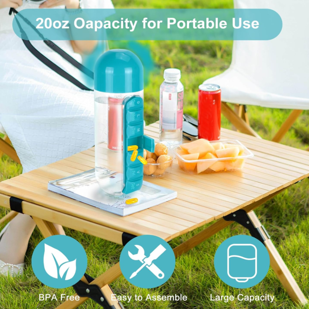 Hydra Care water bottle with portable pill organizer